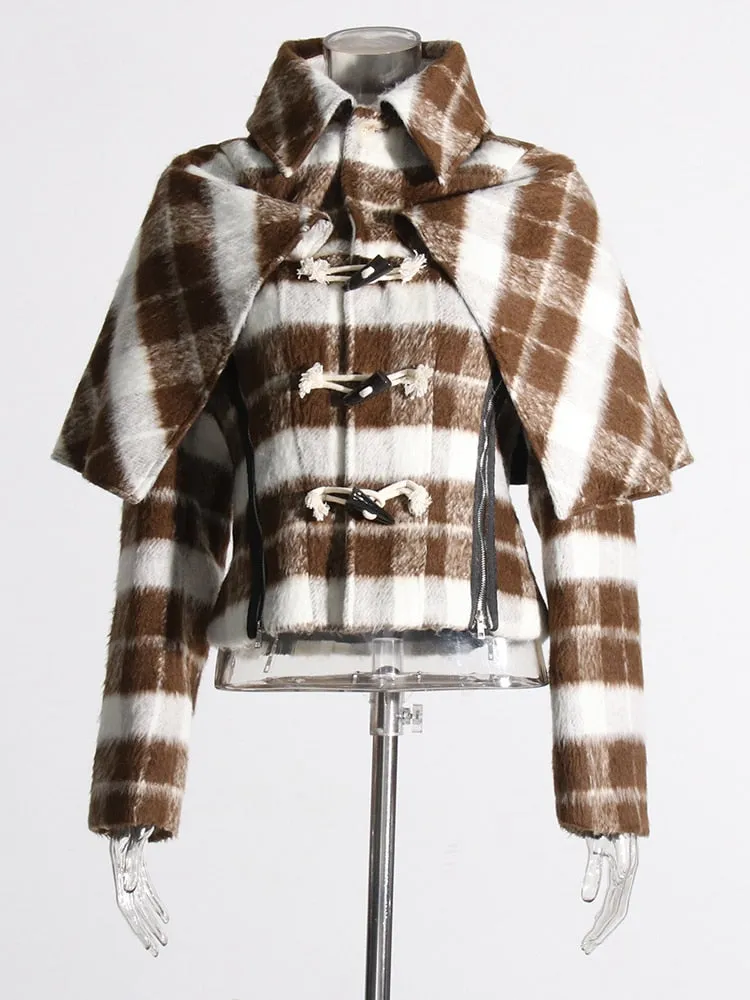 Vinatge Plaid Coats For Women Lapel Long Sleeve Tunic Patchwork Horn Button Chic Casual Coat Female Fashion Clothes