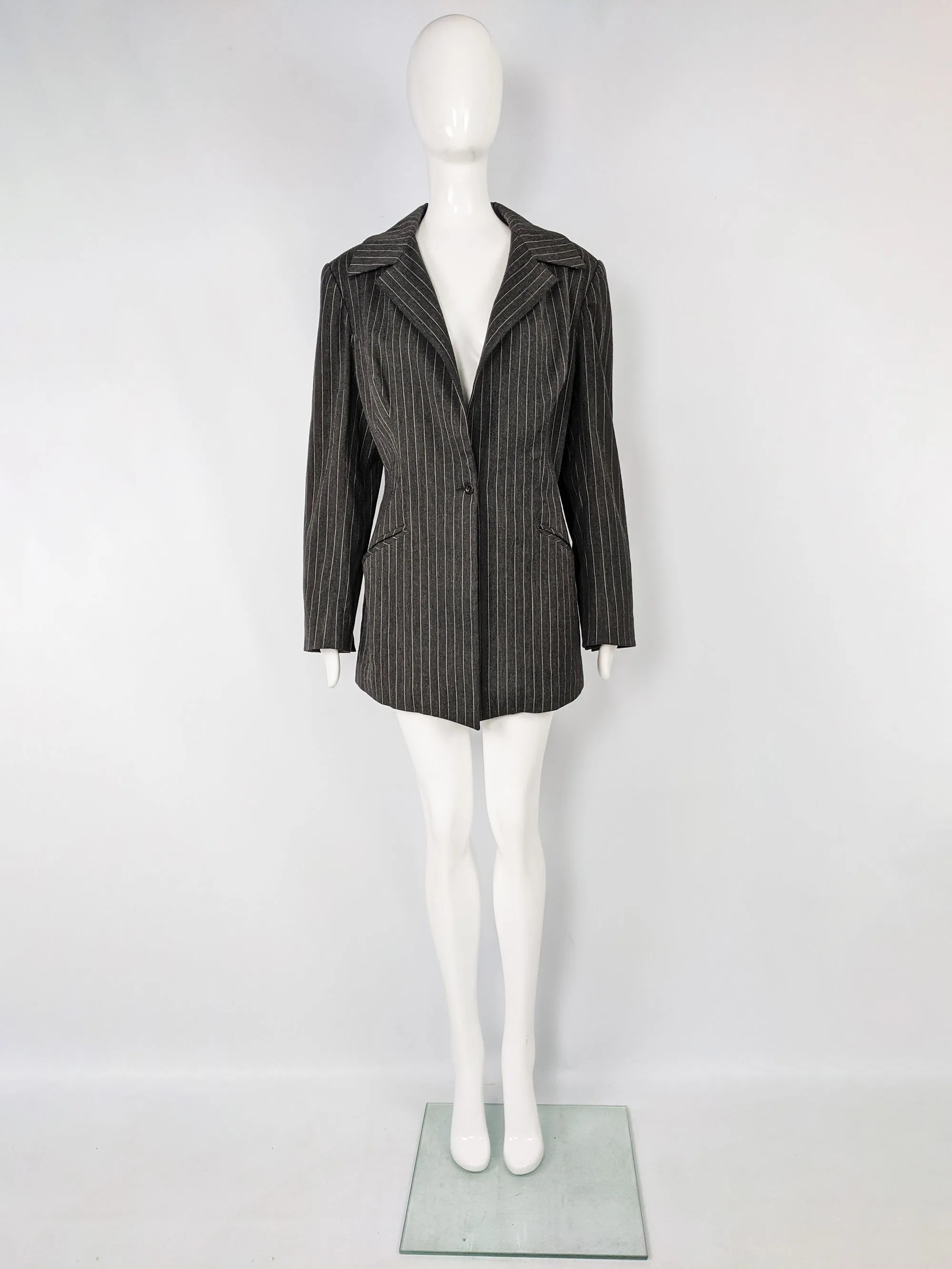 Vintage Womens Androgynous Grey Pinstripe Blazer, 1980s