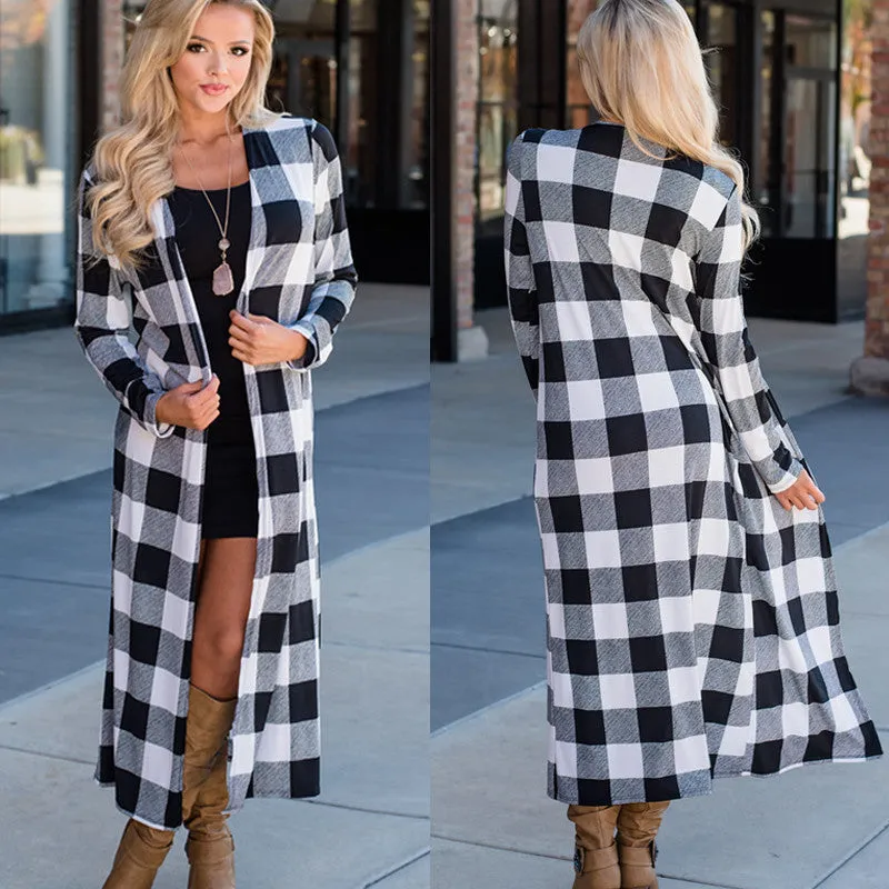 Women’s Plaid Cardigan Coat Casual Long Sleeve Duster Coat