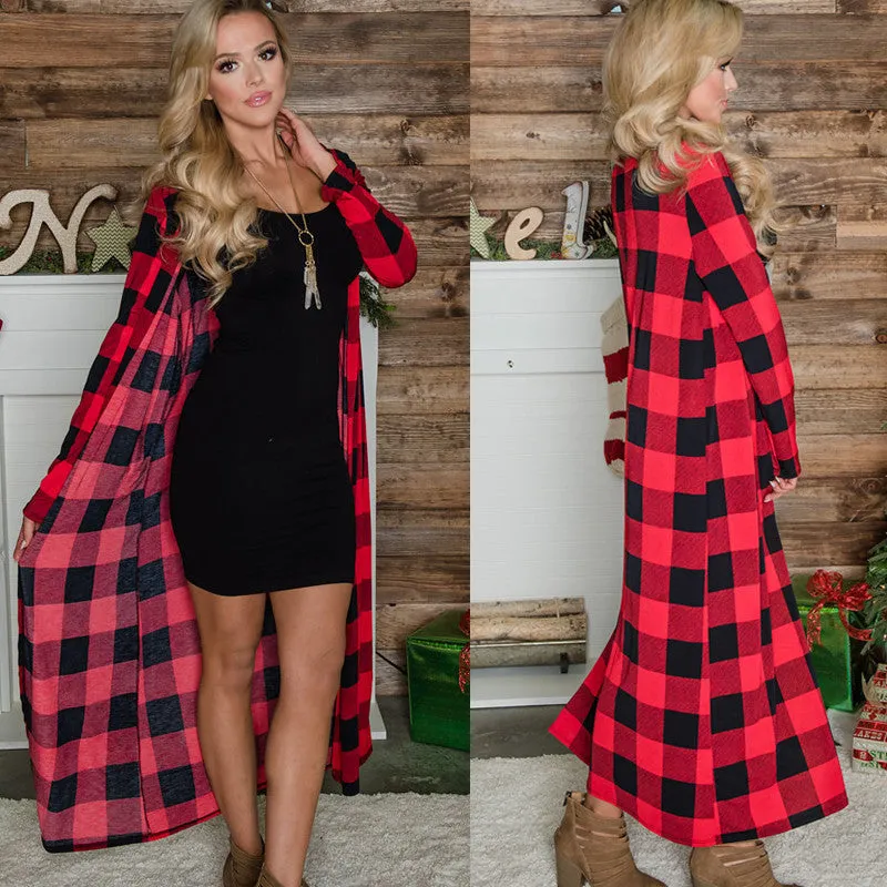 Women’s Plaid Cardigan Coat Casual Long Sleeve Duster Coat