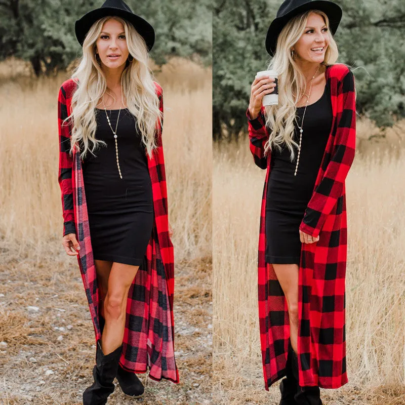 Women’s Plaid Cardigan Coat Casual Long Sleeve Duster Coat