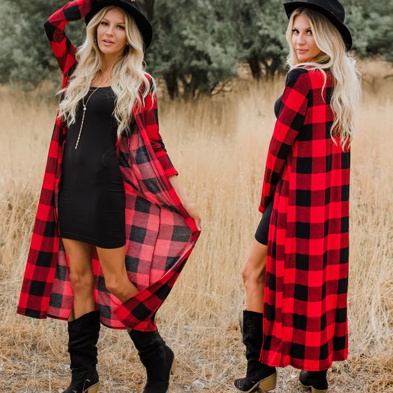 Women’s Plaid Cardigan Coat Casual Long Sleeve Duster Coat